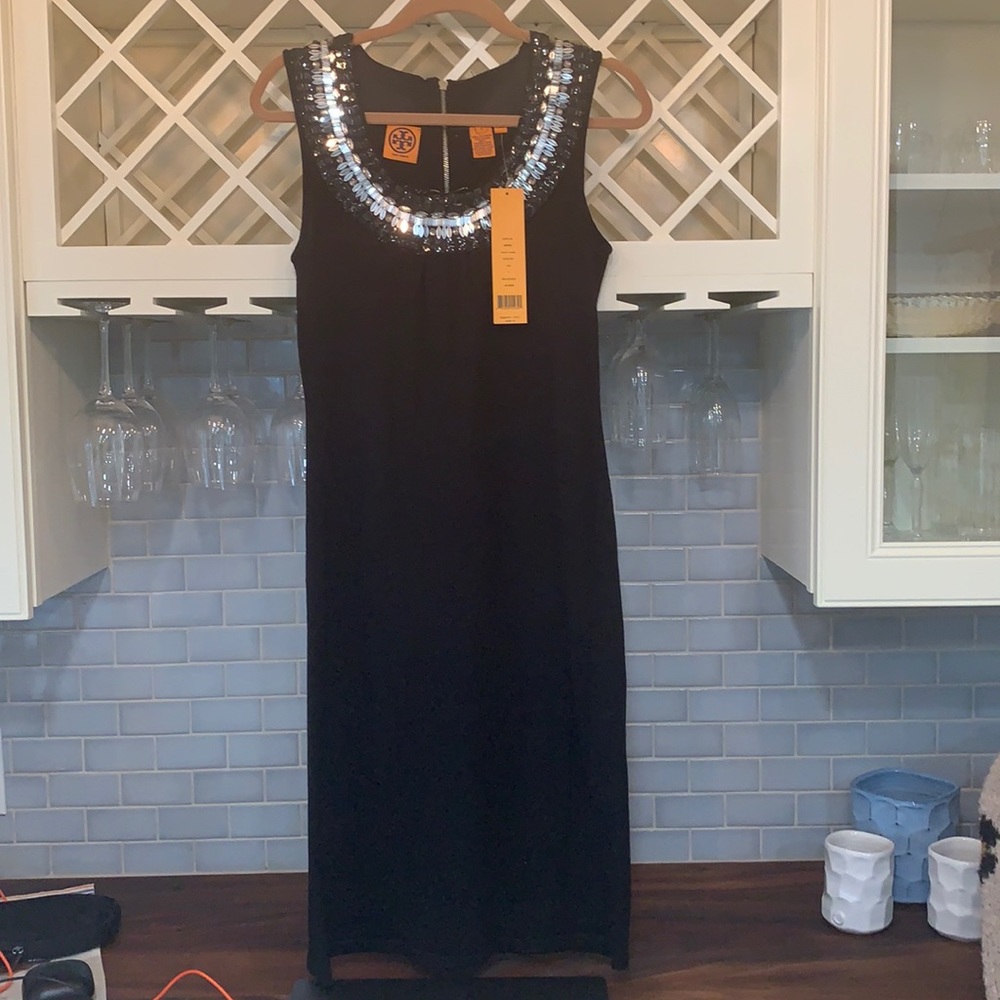 Tory Burch black jet dress with beaded neckline. Size small. New with tags